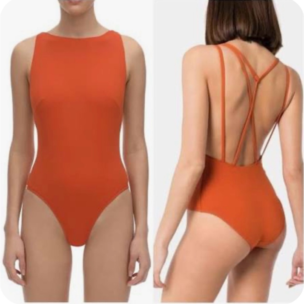 BONDI BORN Anais Strappy One Piece Swimsuit Orange High Neck Open Back Sz 4